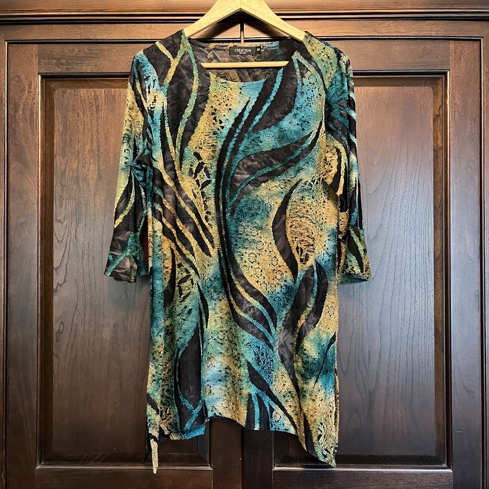 Creation Textured Stretchy Tunic Top Size M Abstract Vibrant Artsy Lagenlook